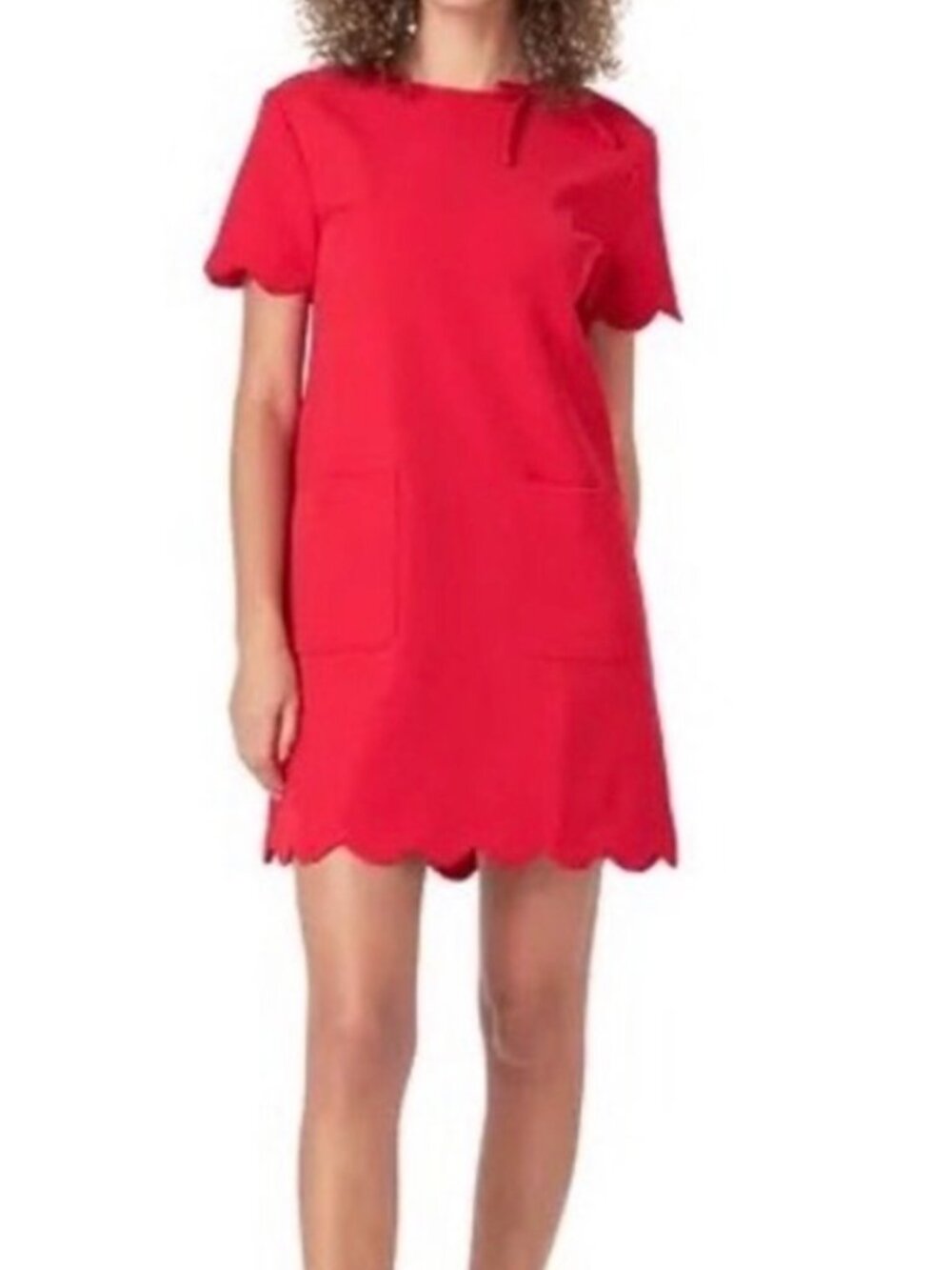 NWT English Factory Holiday Red Preppy Scalloped Hem Shift Mini Dress. Size XS